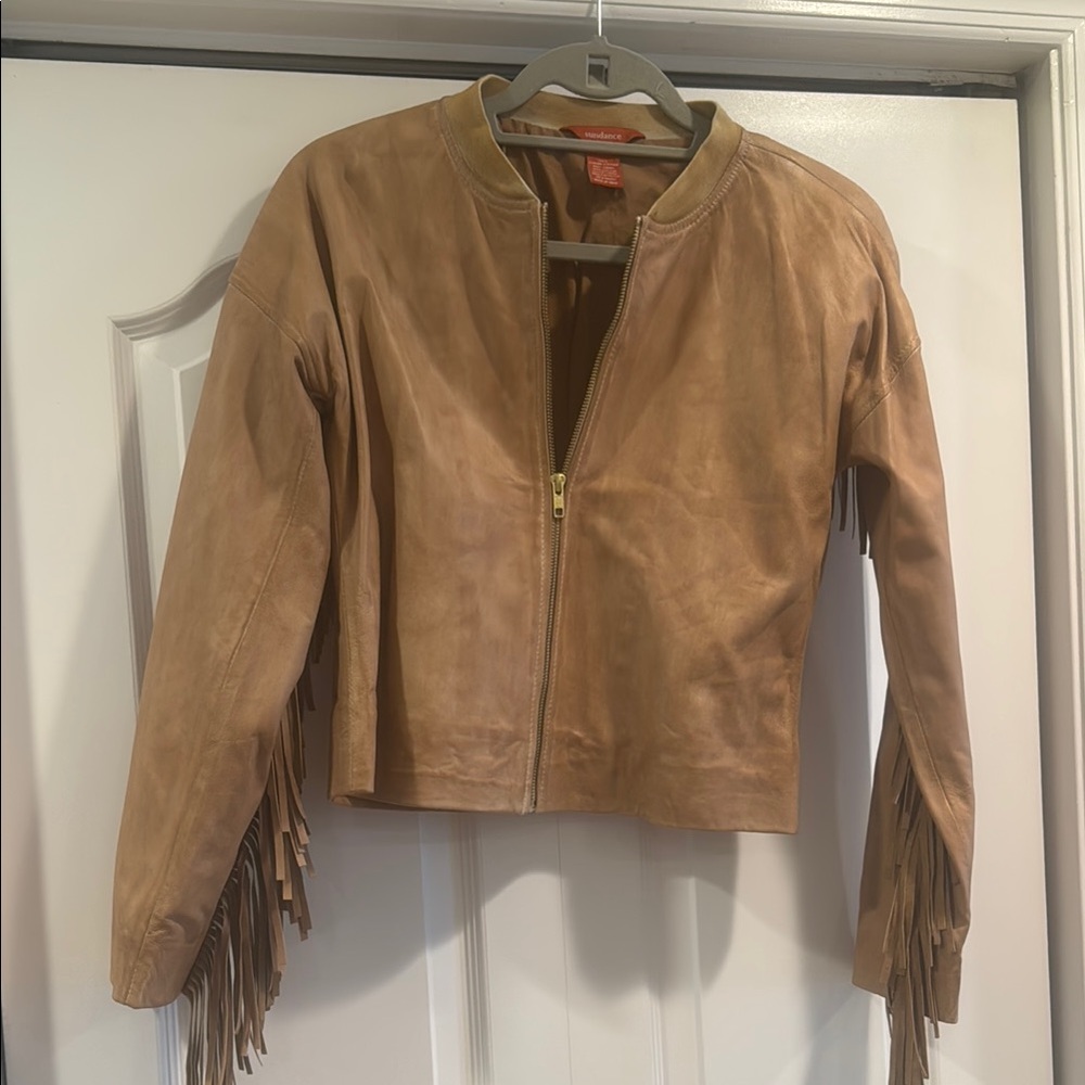 Sundance Tan Leather Jacket with Fringe Details